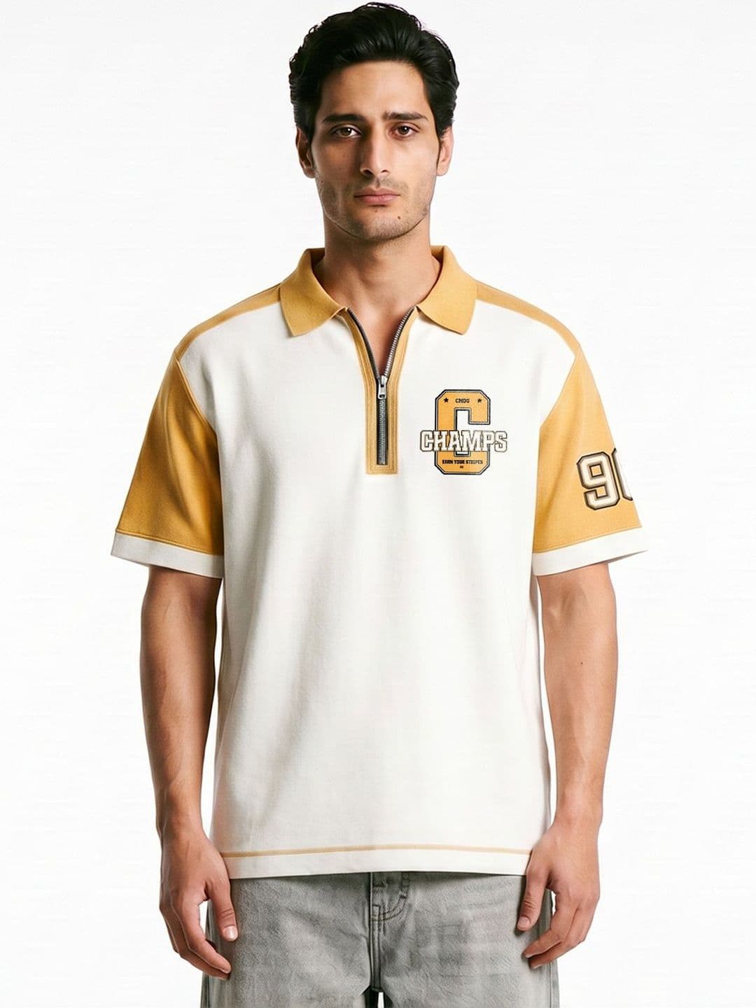 Crazymonk Men Polo Collar Extended Sleeves Applique T-shirt - view 1