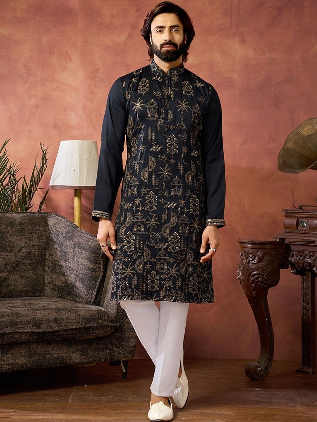 House of Pataudi Embroidered Cotton Mandarin Collar Knee Length Straight Kurtas - view 1