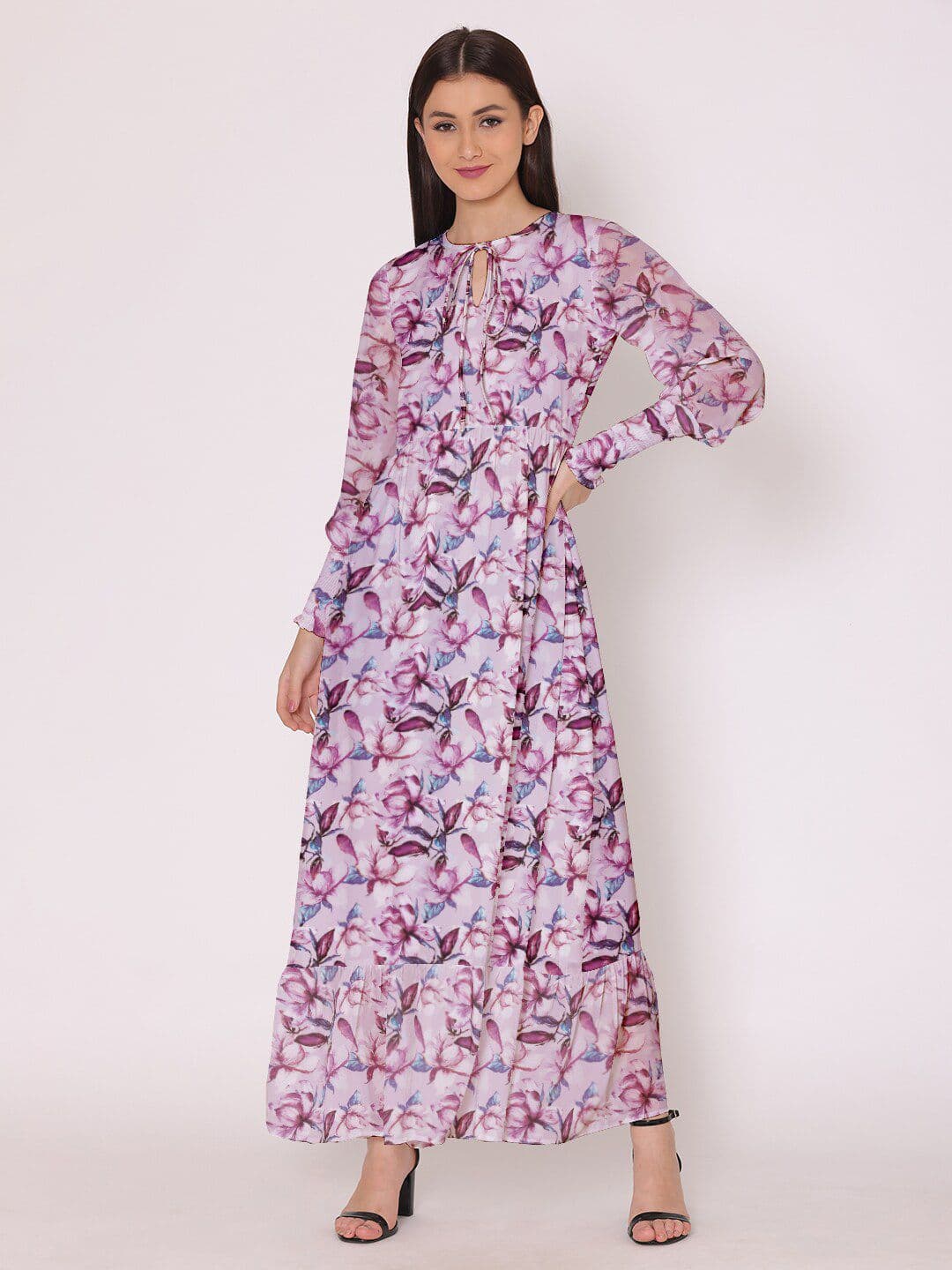 DressBerry Magenta & Purple Floral Tie-Up Neck Georgette Maxi Dress - view 1