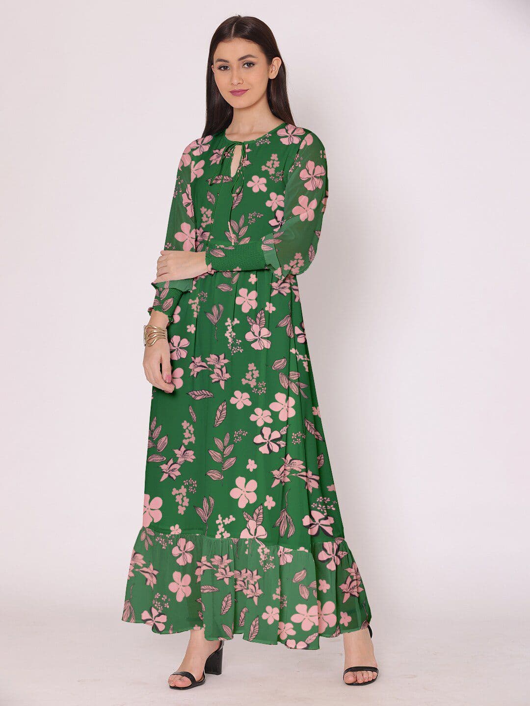 DressBerry Green & Pink Floral Tie-Up Neck Georgette Maxi Dress - view 1