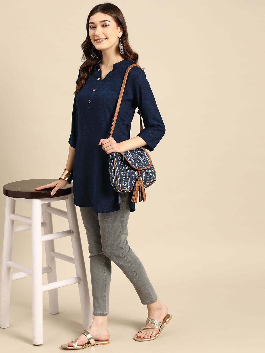 Sangria Navy Blue Printed Short Kurti - view 1