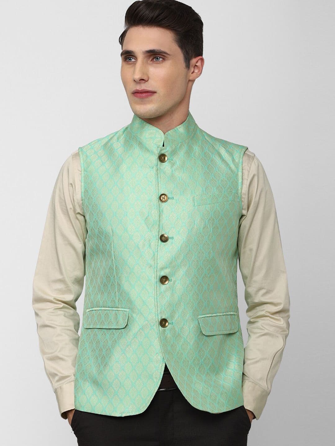 Peter England Elite Men Green Woven Design Nehru Jacket - view 1