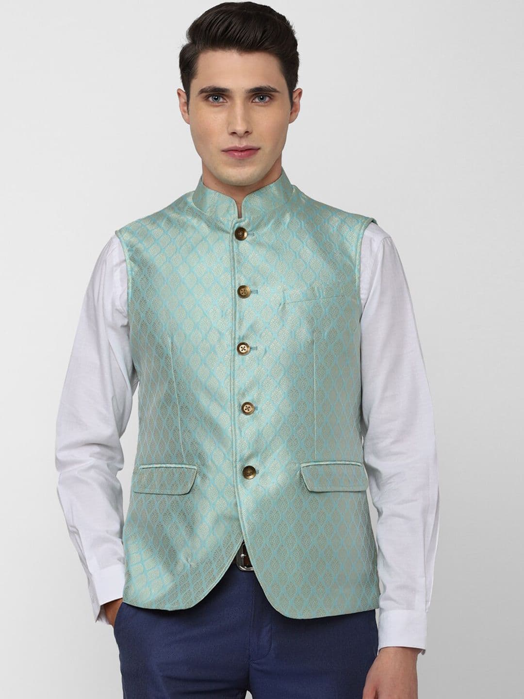 Peter England Elite Men Blue Printed Nehru Jacket - view 1