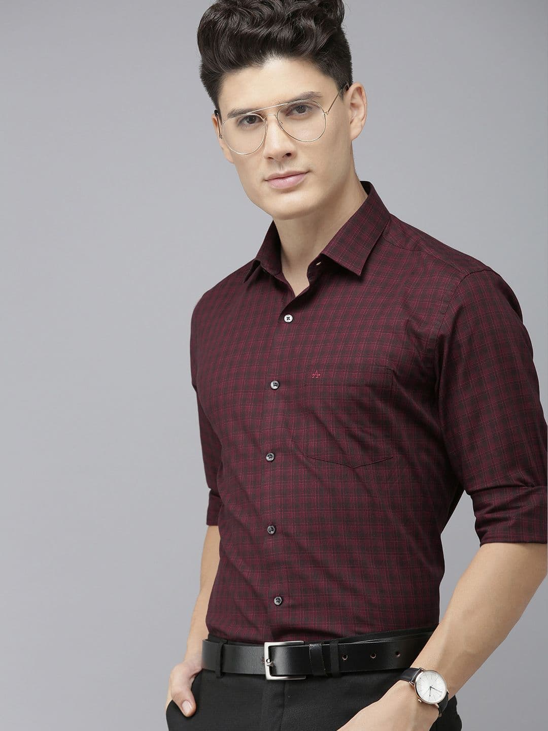 Arrow Men Maroon And Navy Blue Original Slim Fit Checked Pure Cotton Formal Shirt - view 1