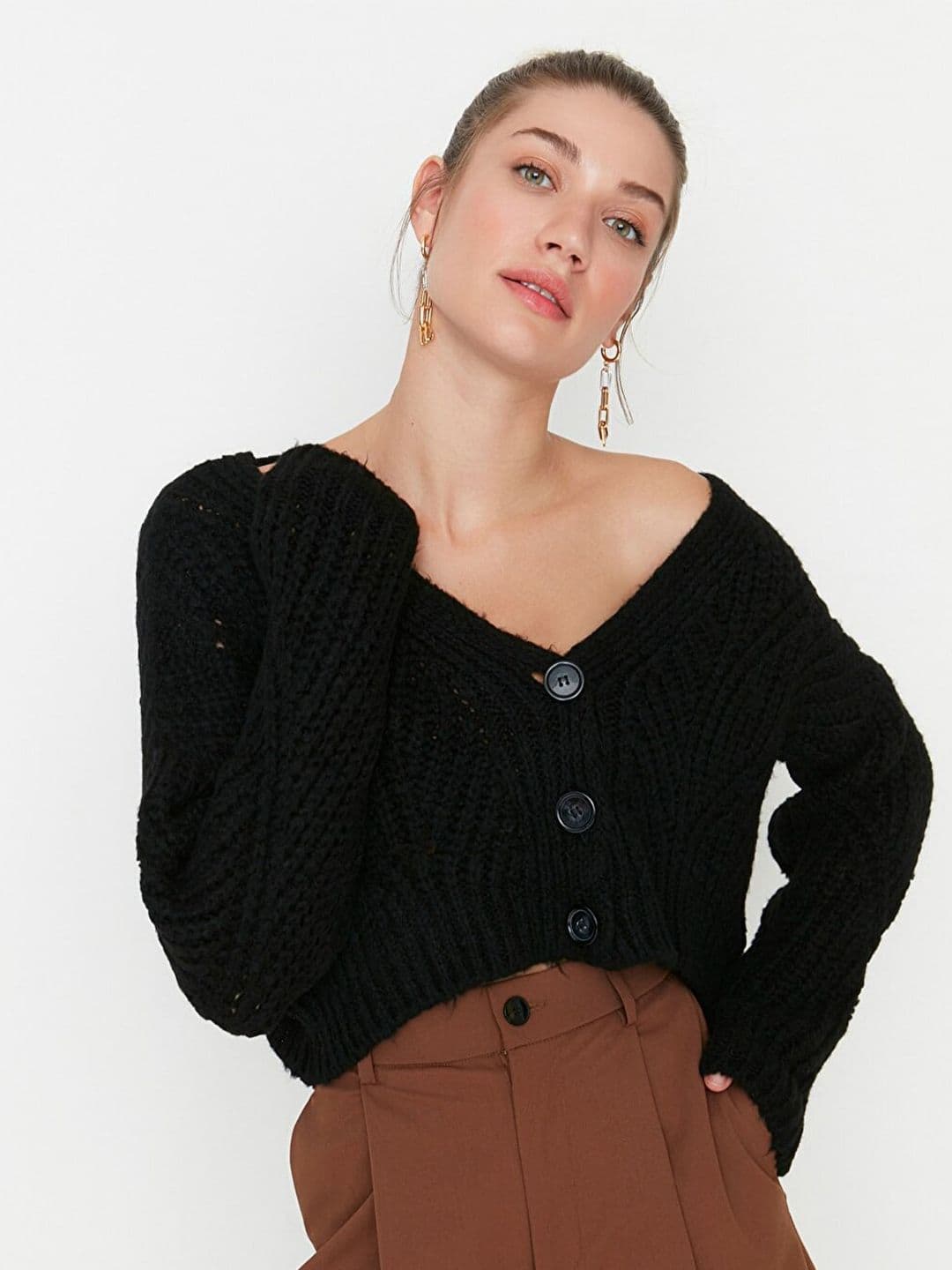 Trendyol Women Black Self-Striped Crop Cardigan - view 1