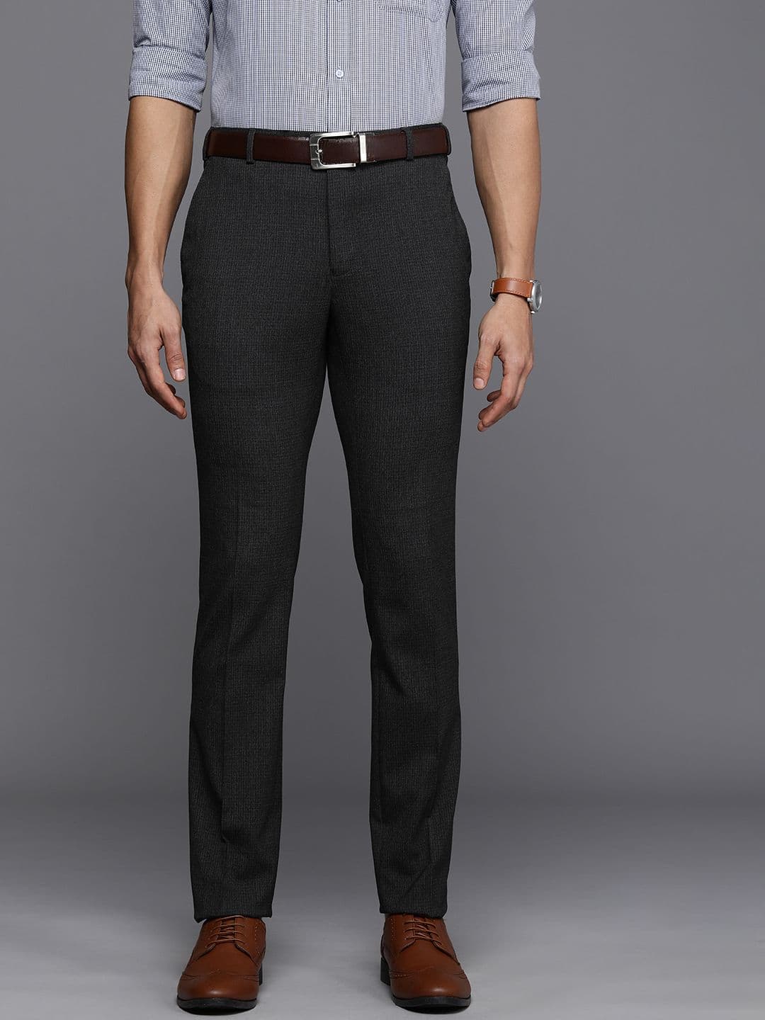 Raymond Men Dark Grey Checked Slim Fit Mid-Rise Formal Trousers - view 1