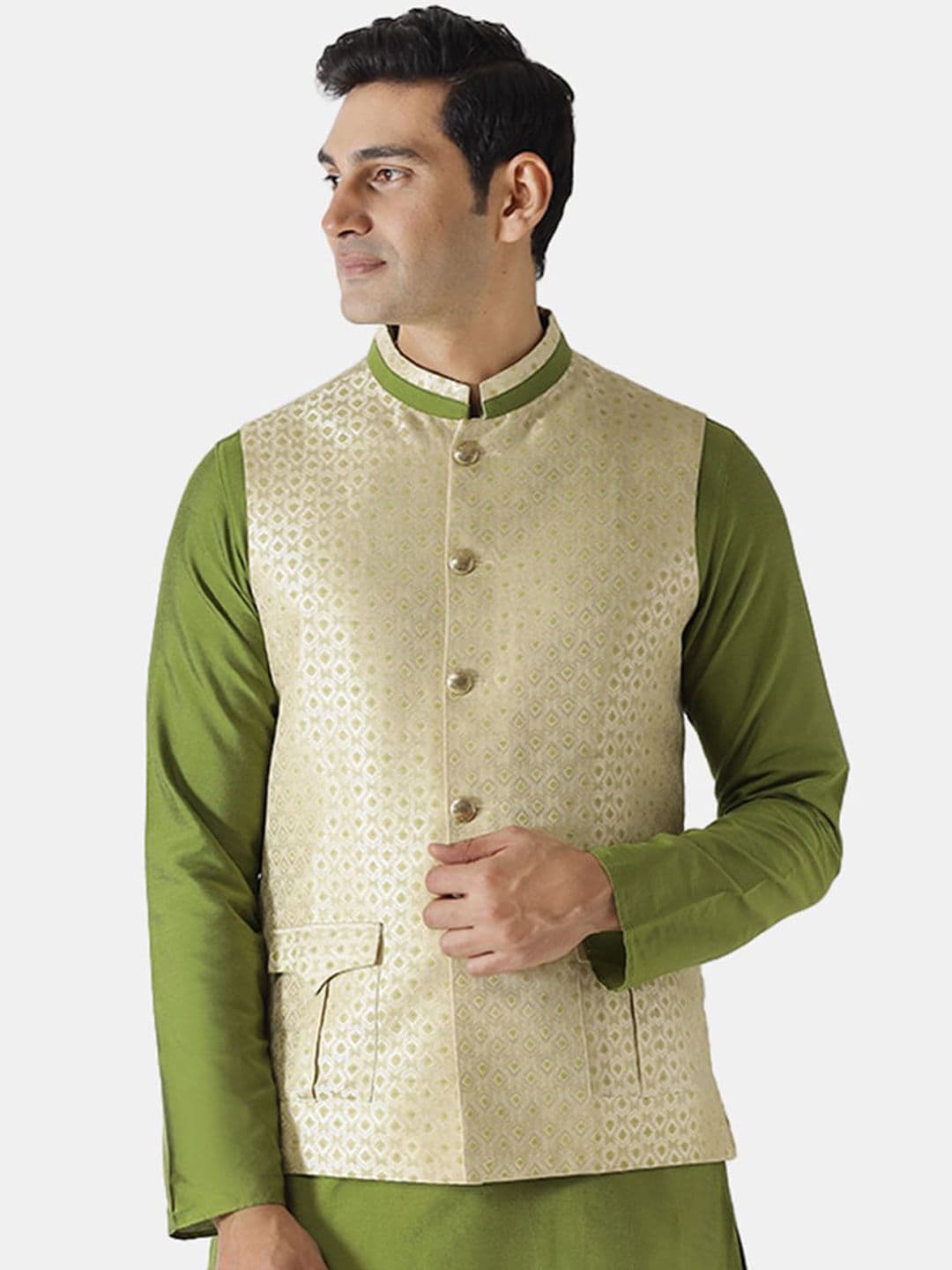 KISAH Men Cream Coloured Woven Design Nehru Jacket - view 1