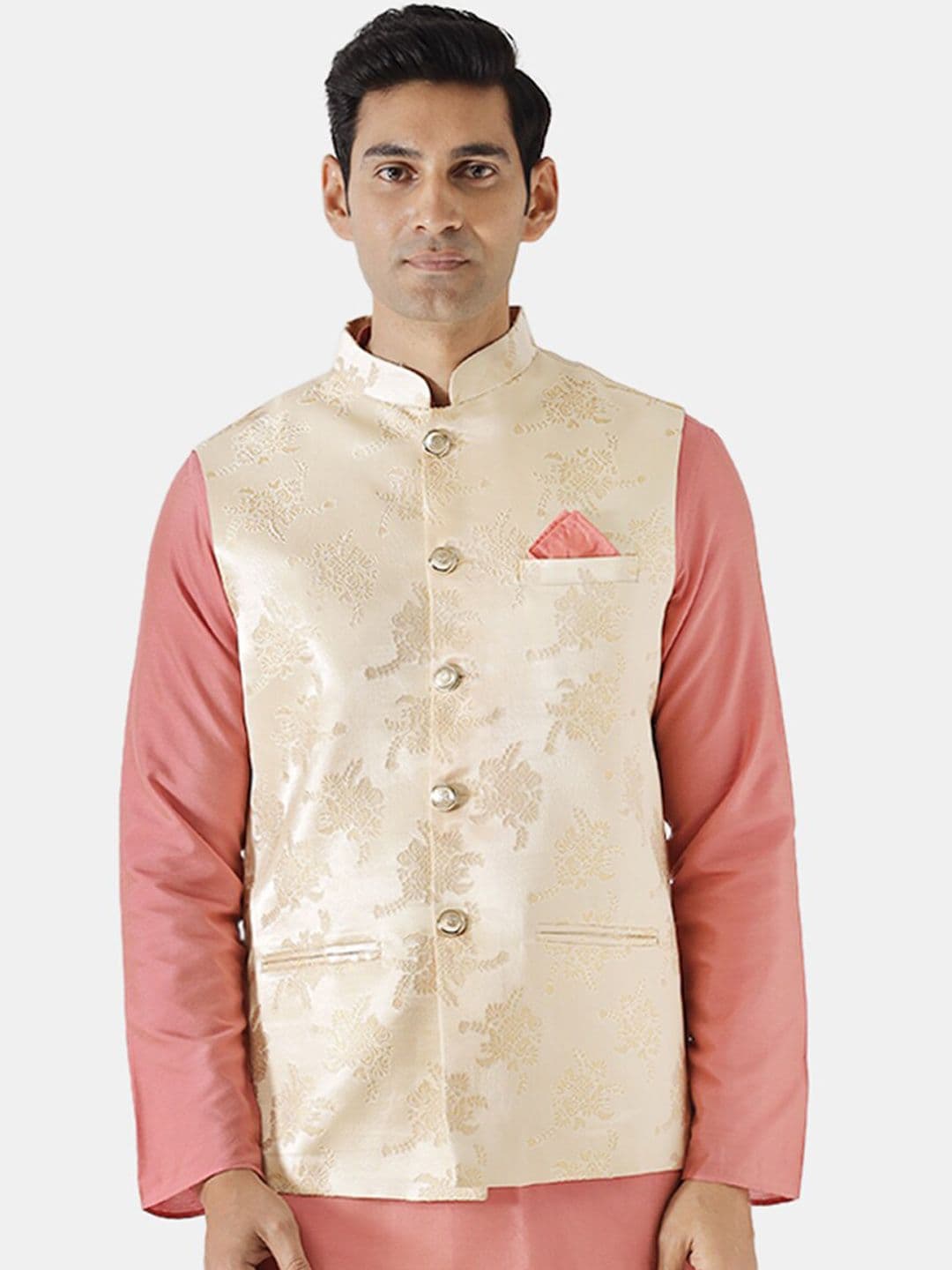 KISAH Men Gold & Cream Woven Design Nehru Jacket - view 1