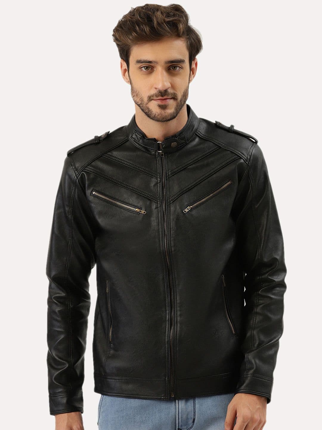 Leather Retail Men Black Solid Outdoor Biker Jacket - view 1