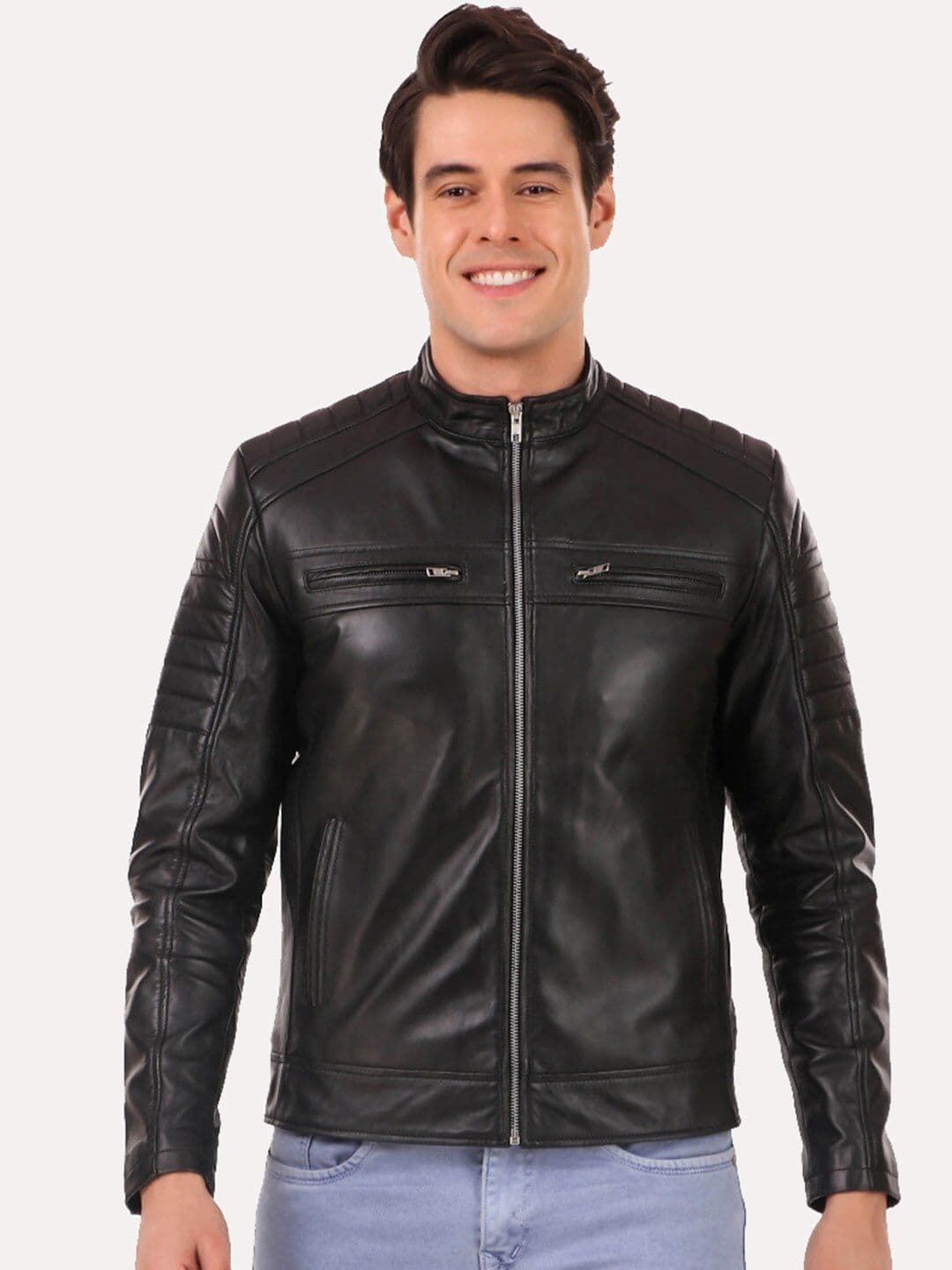Leather Retail Men Black Leather Regular Outdoor Biker Jacket - view 1