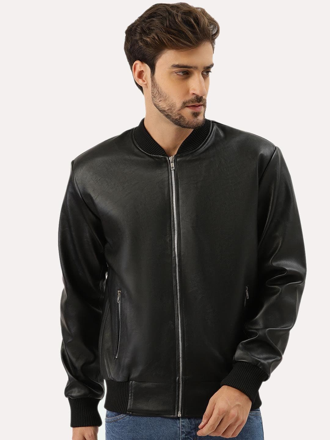 Leather Retail Men Black Bomber Jacket - view 1