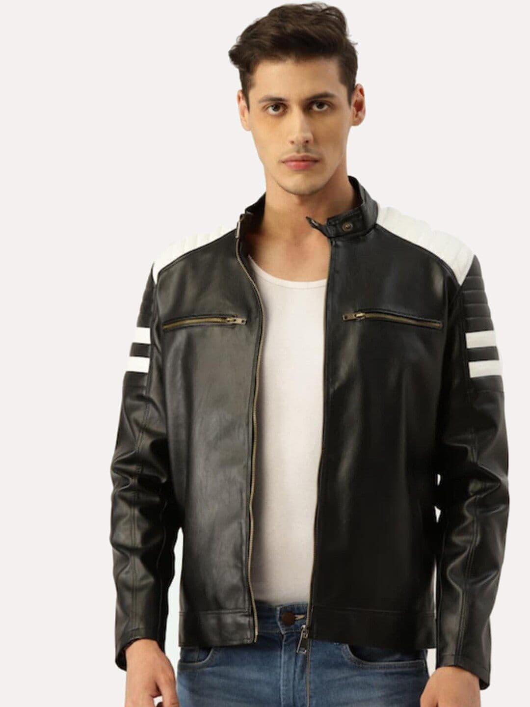 Leather Retail Men Black Solid Outdoor Biker Jacket - view 1
