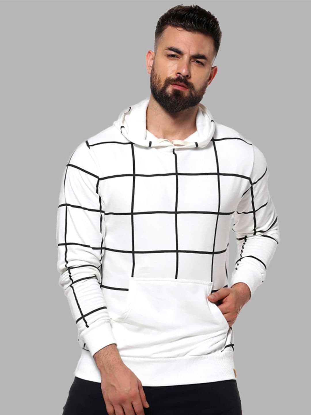 CAHOOT Men White Checked Hooded Cotton Sweatshirt - view 1