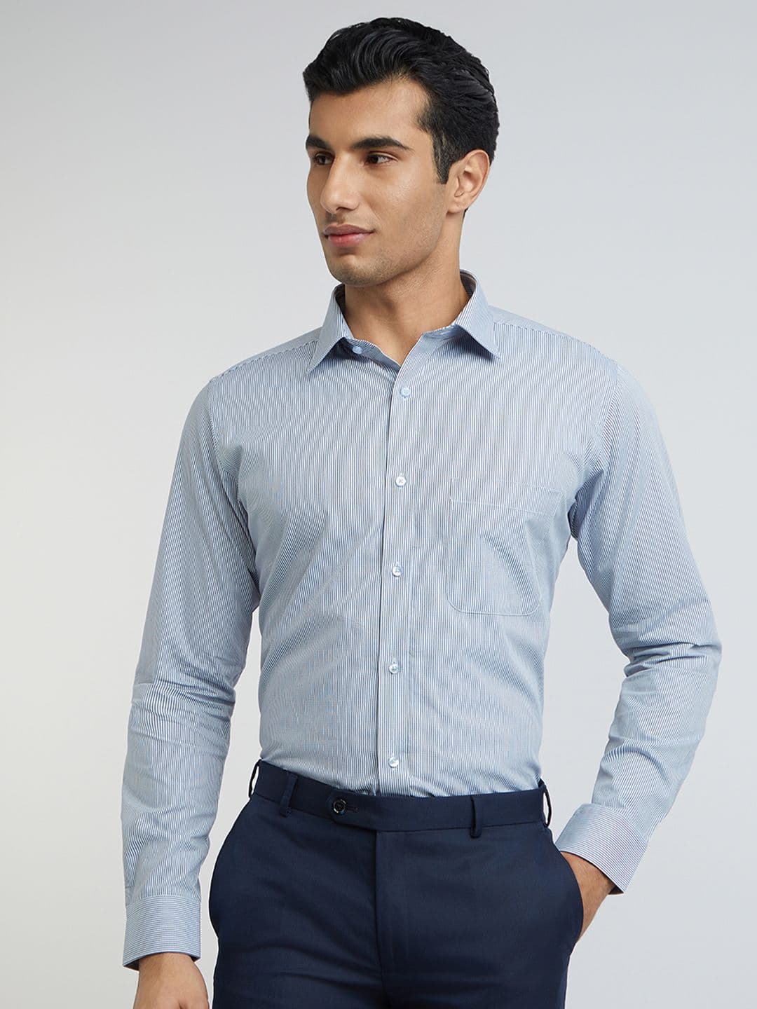 Raymond Men Blue And White Slim Fit Micro Checked Pure Cotton Formal Shirt - view 1
