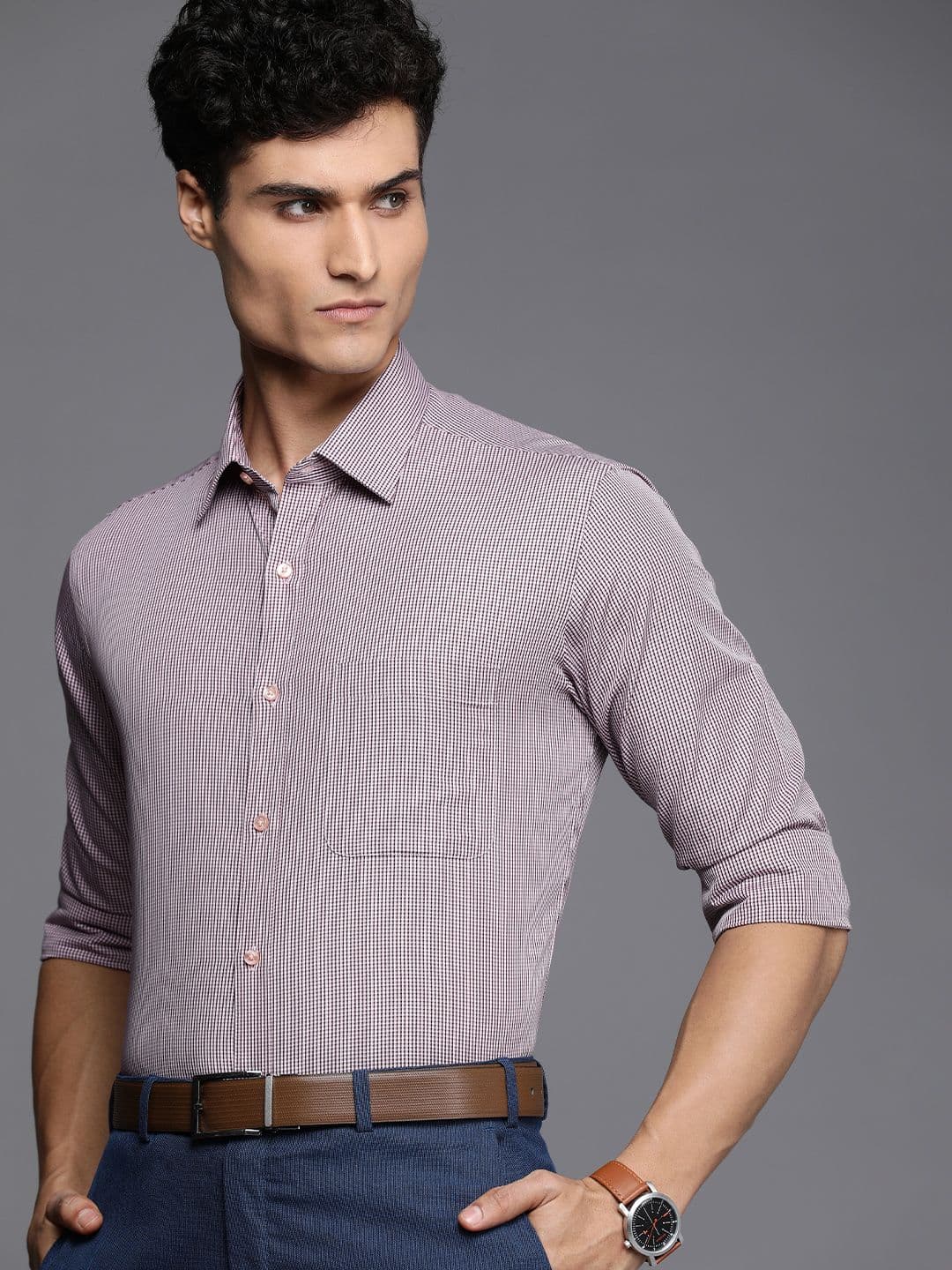 Raymond Men Red And Brown Slim Fit Micro Checked Pure Cotton Formal Shirt - view 1