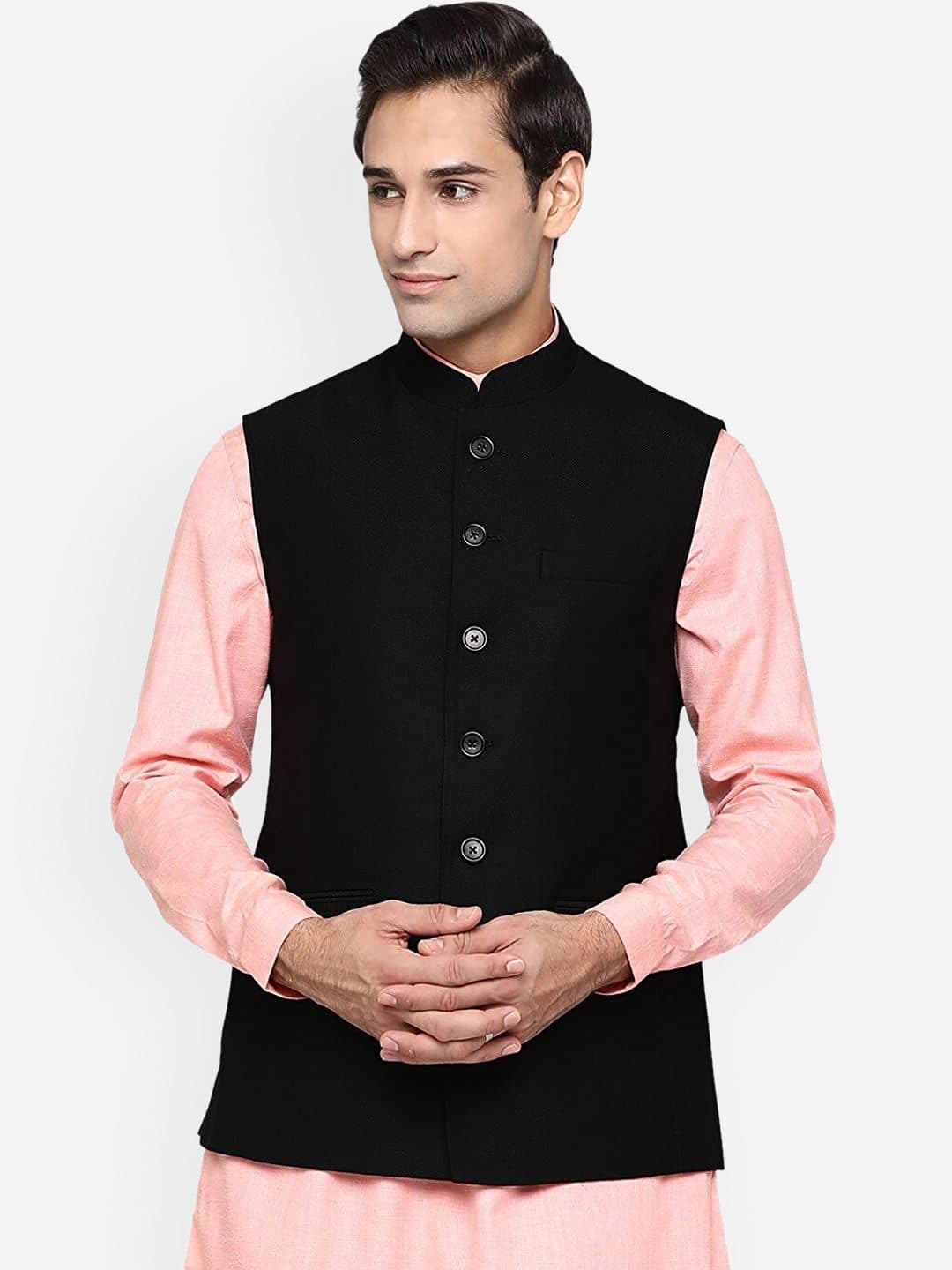 Vastraa Fusion Men Black Woolen Waiscoat Nehru Jacket - view 1