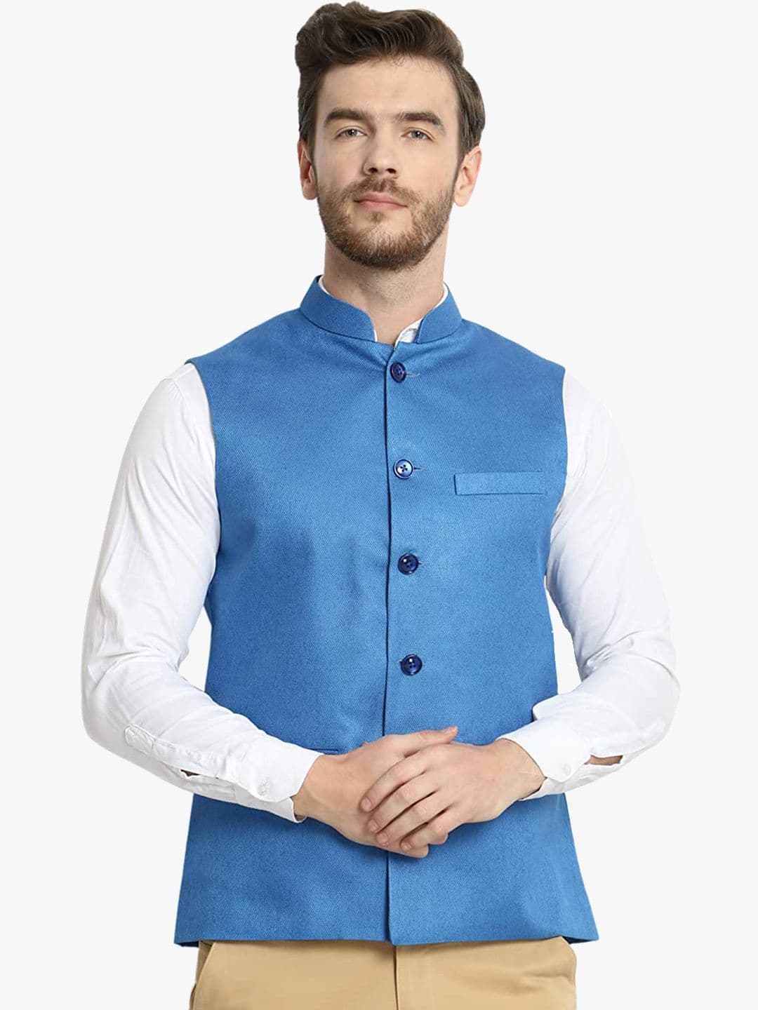 Vastraa Fusion Men Blue Woven Design Nehru Jacket - view 1
