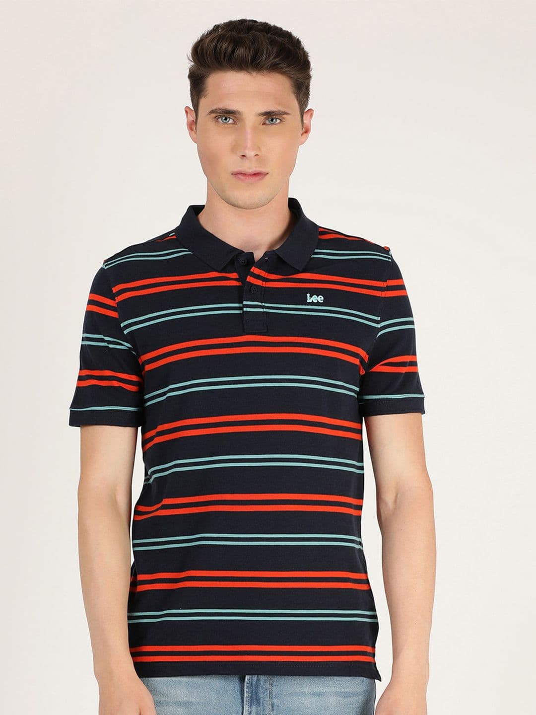 Lee Men Blue Striped Polo Collar Applique Slim Fit T-shirt - view 1