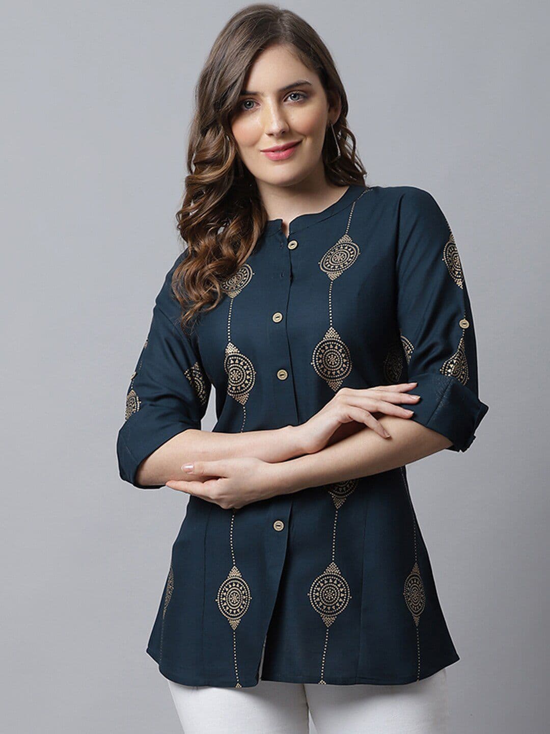 Pistaa Plus Size Women Teal Geometric Printed Kurti - view 1