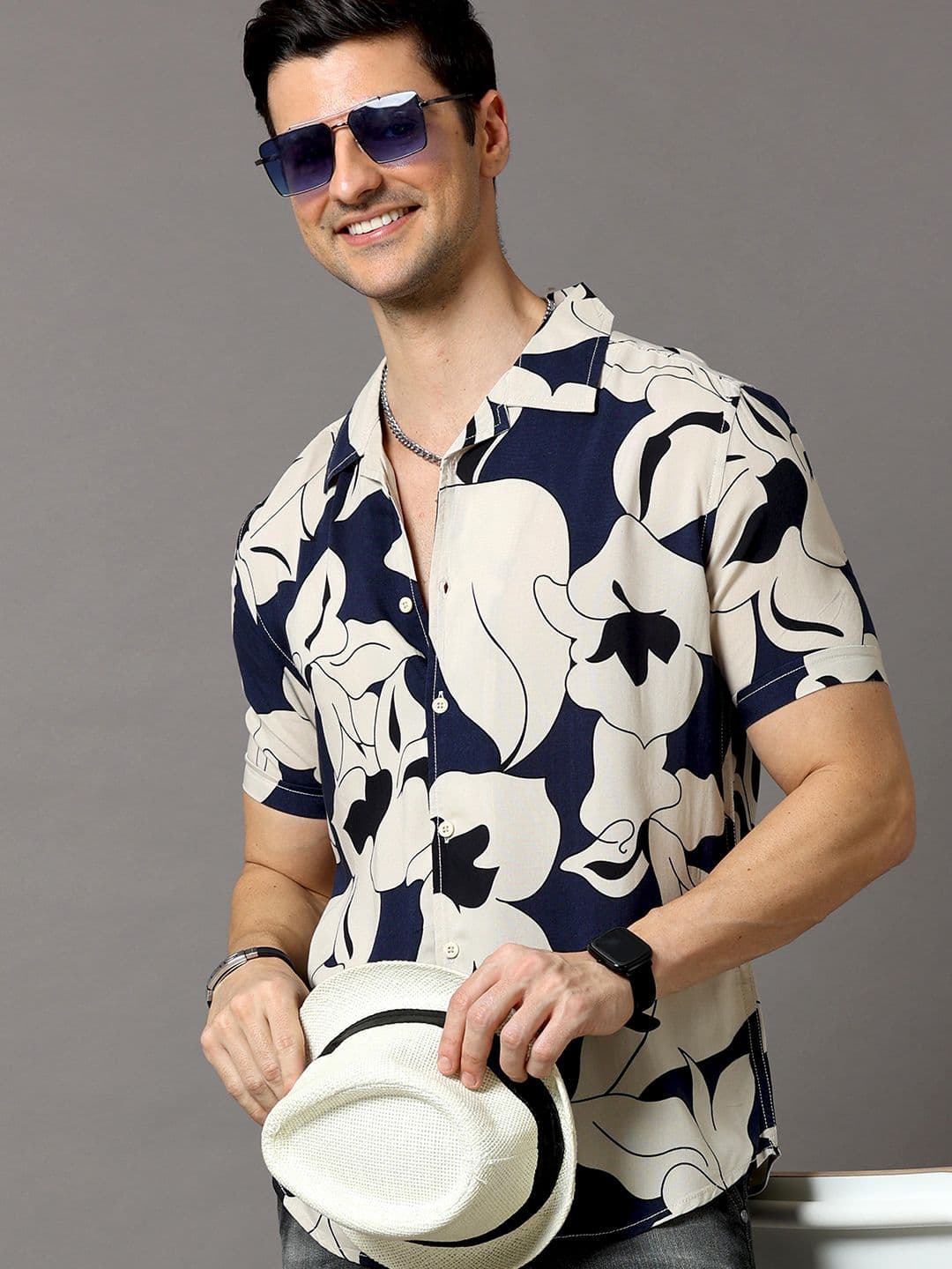 HERE&NOW Men Navy Blue & Off White Slim Fit Printed Casual Shirt - view 1
