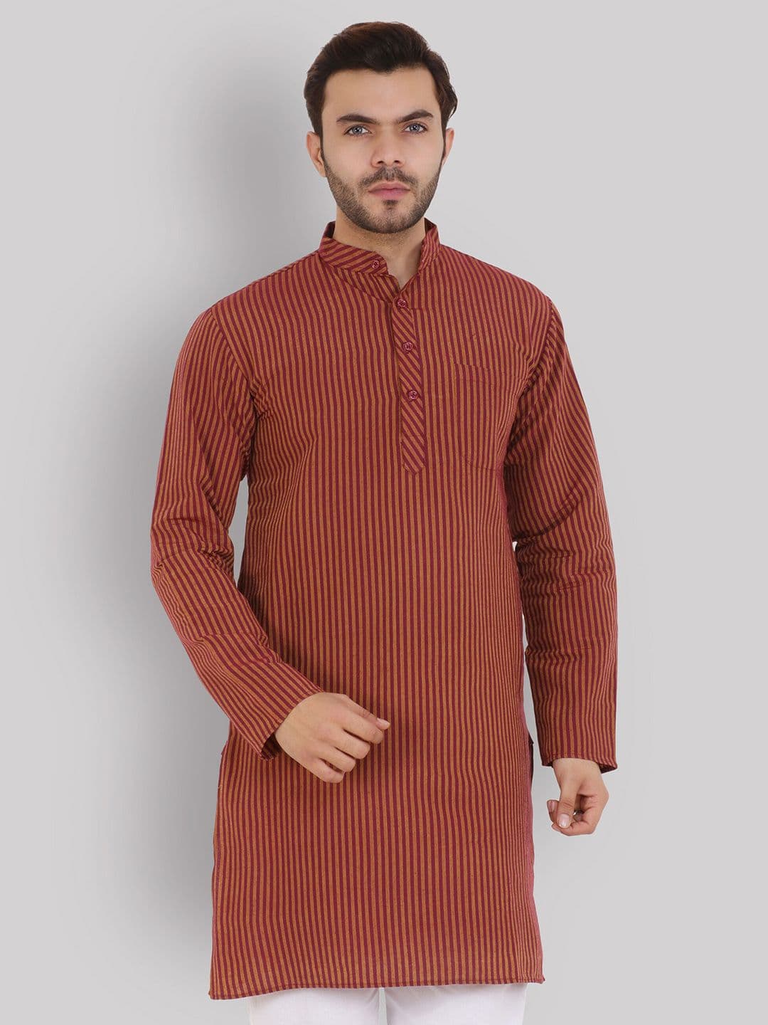 Latest Chikan Garments Men Maroon Striped Straight Kurta - view 1