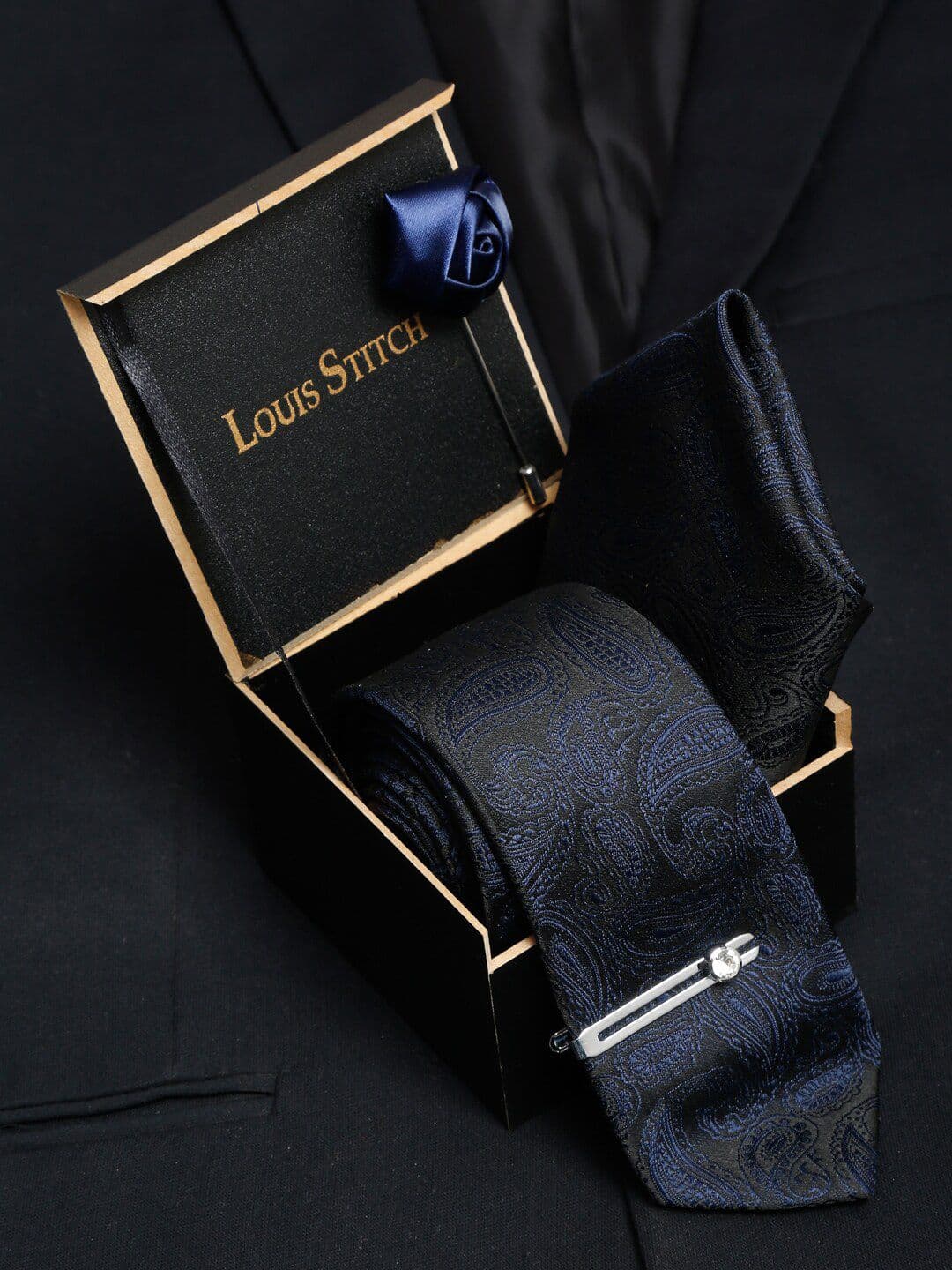 LOUIS STITCH Men Space Blue Italian Silk Necktie Accessory Gift Set - view 1