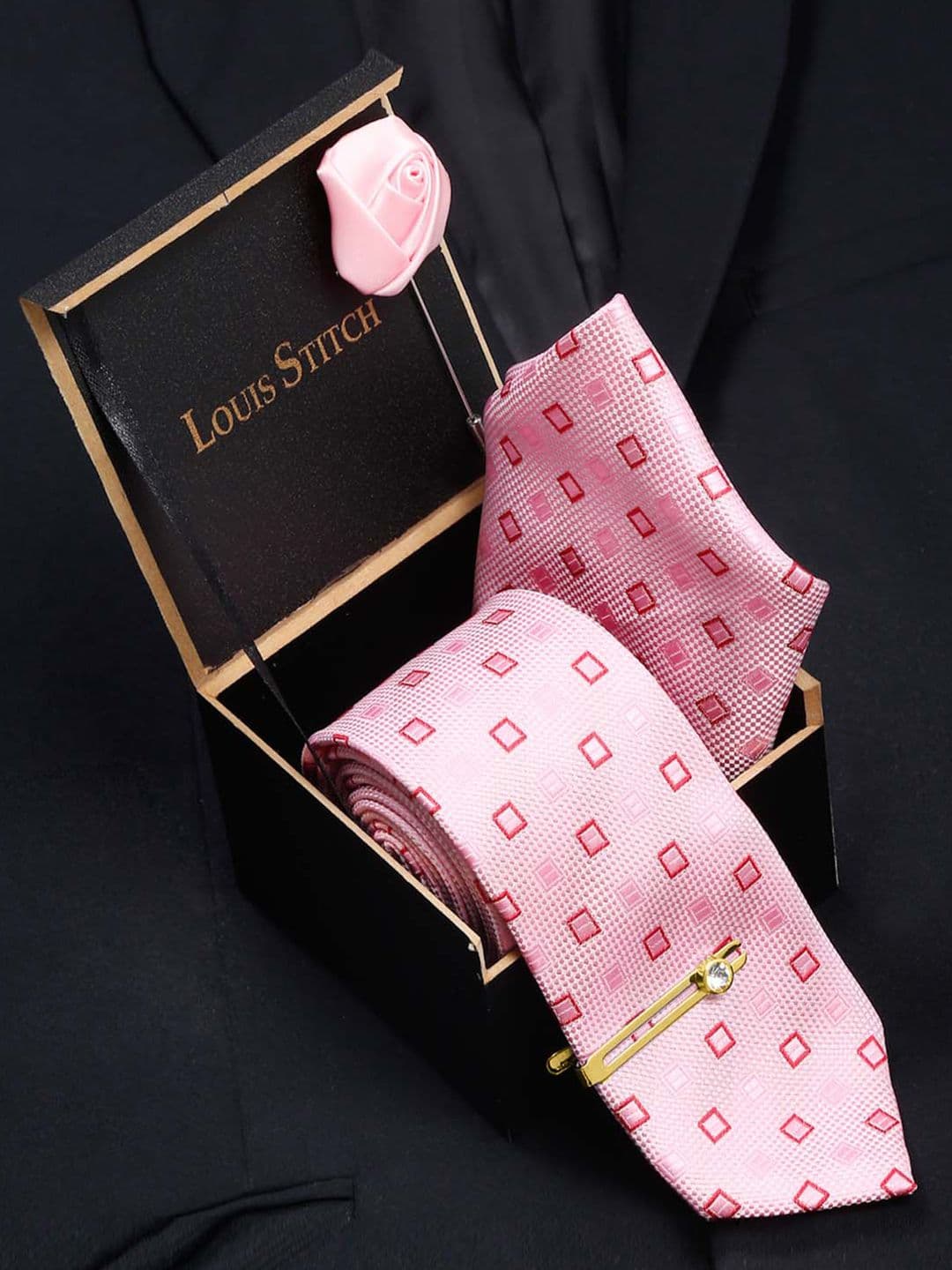 LOUIS STITCH Men Blush Peach Italian Silk Necktie Accessory Gift Set - view 1