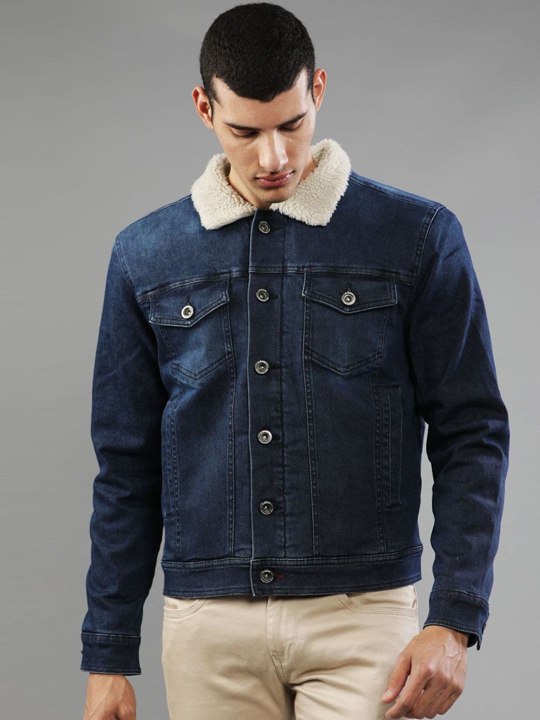 t-base Men Blue Washed Windcheater Denim Jacket - view 1