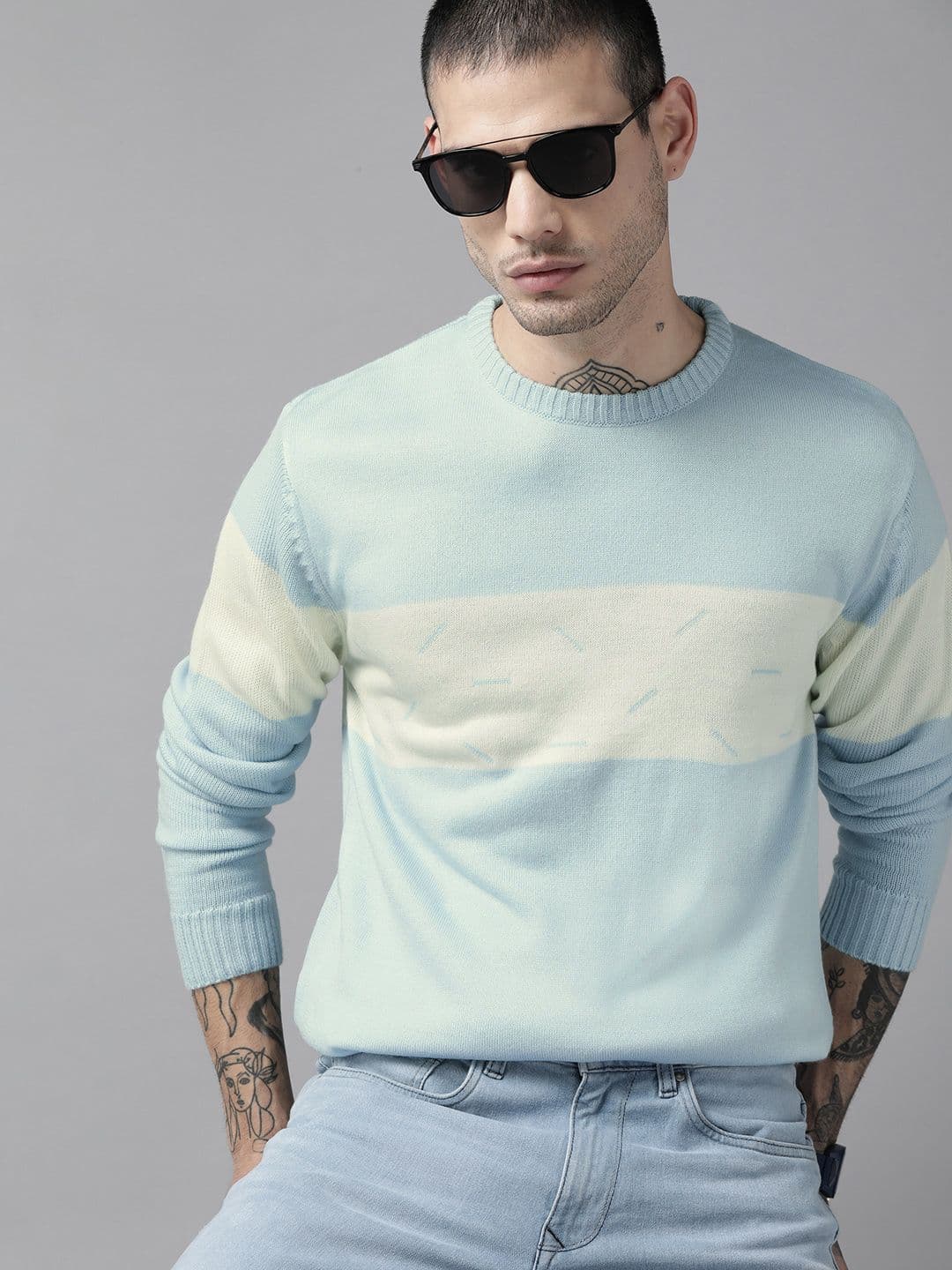 Roadster Men Blue & Off White Colourblocked Pullover - view 1