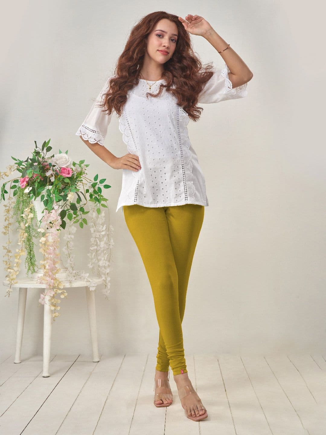 LYRA Women Olive Green Solid Churidar-Length Leggings - view 1