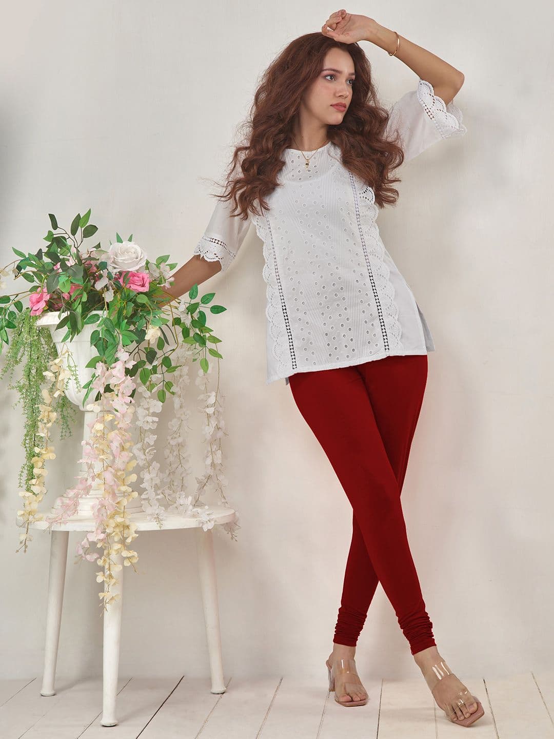 LYRA Women Red Solid Churidar Length Leggings - view 1