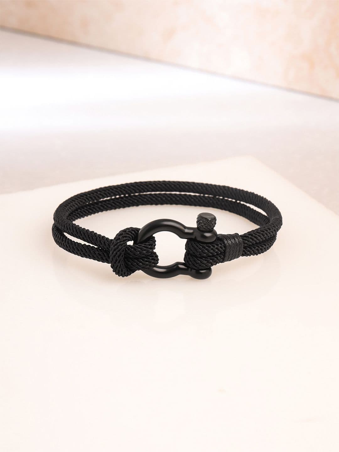 Yellow Chimes Men Black Leather Rope Design Bracelet - view 1