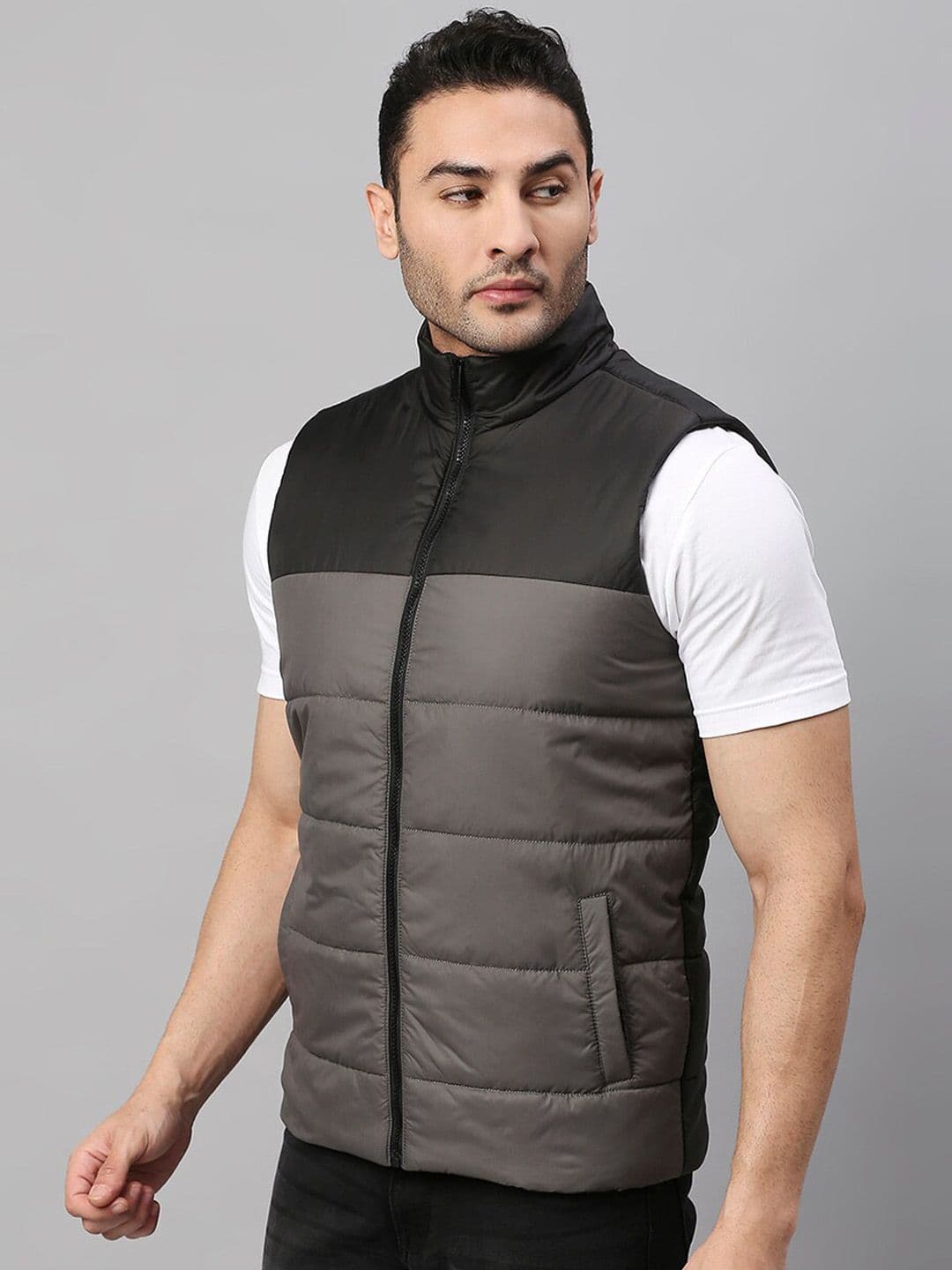 Dennis Lingo Men Grey Black Colourblocked Lightweight Longline Padded Jacket - view 1