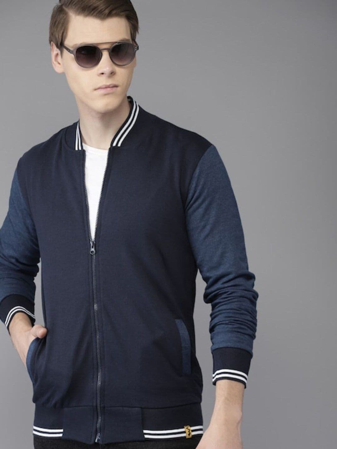 CAHOOT Men Navy Blue Colourblocked Windcheater Cotton Varsity Jacket - view 1