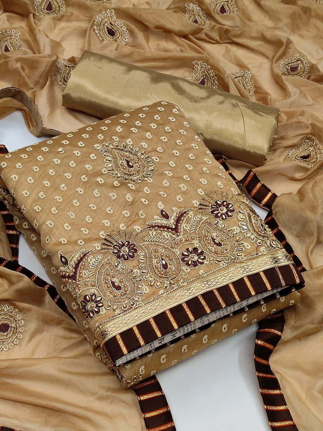 KALINI Beige & Brown Embroidered Pure Cotton Unstitched Dress Material - view 1