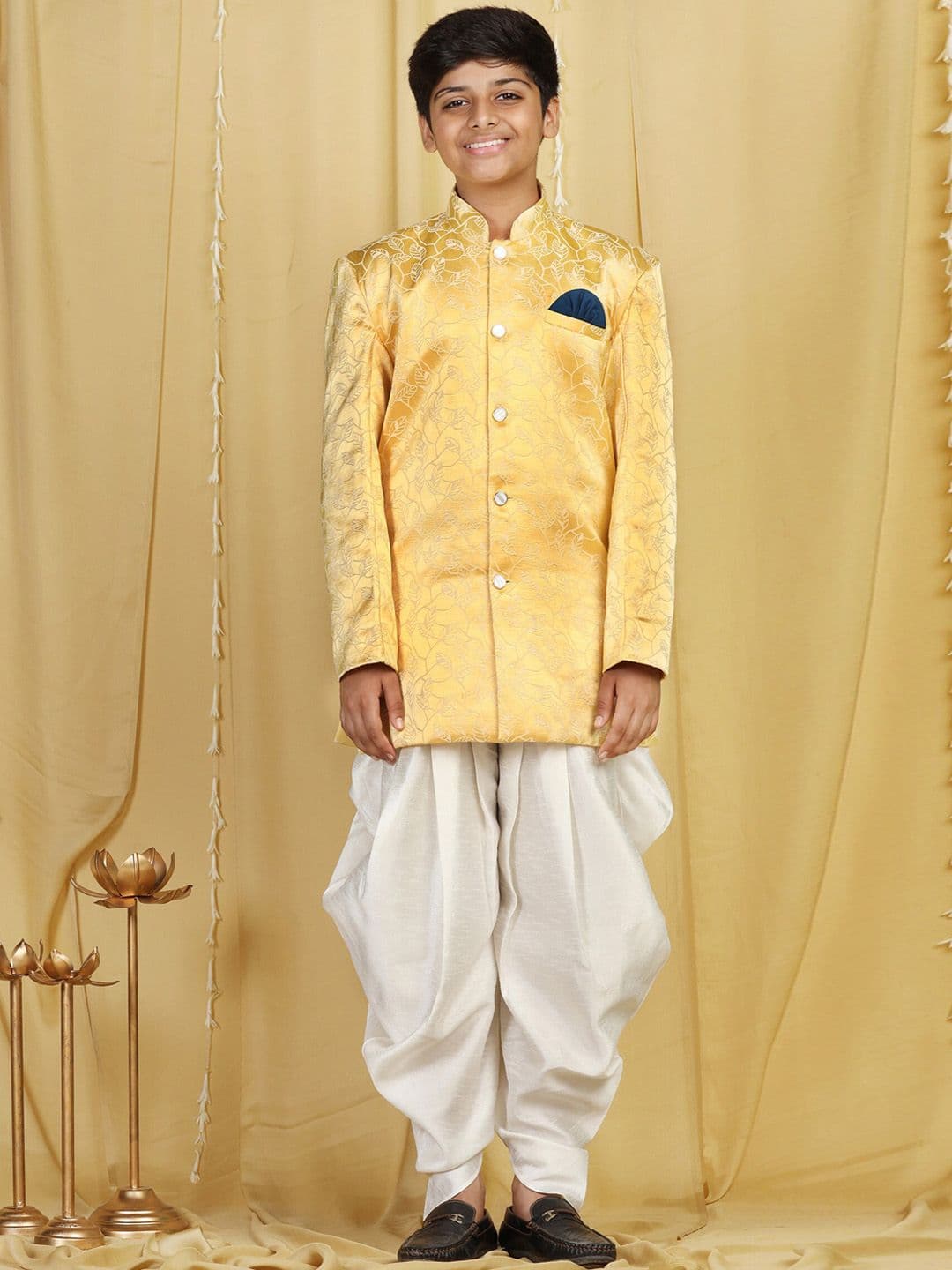 Aj DEZInES Boys Yellow Woven-Design Sherwani Set - view 1