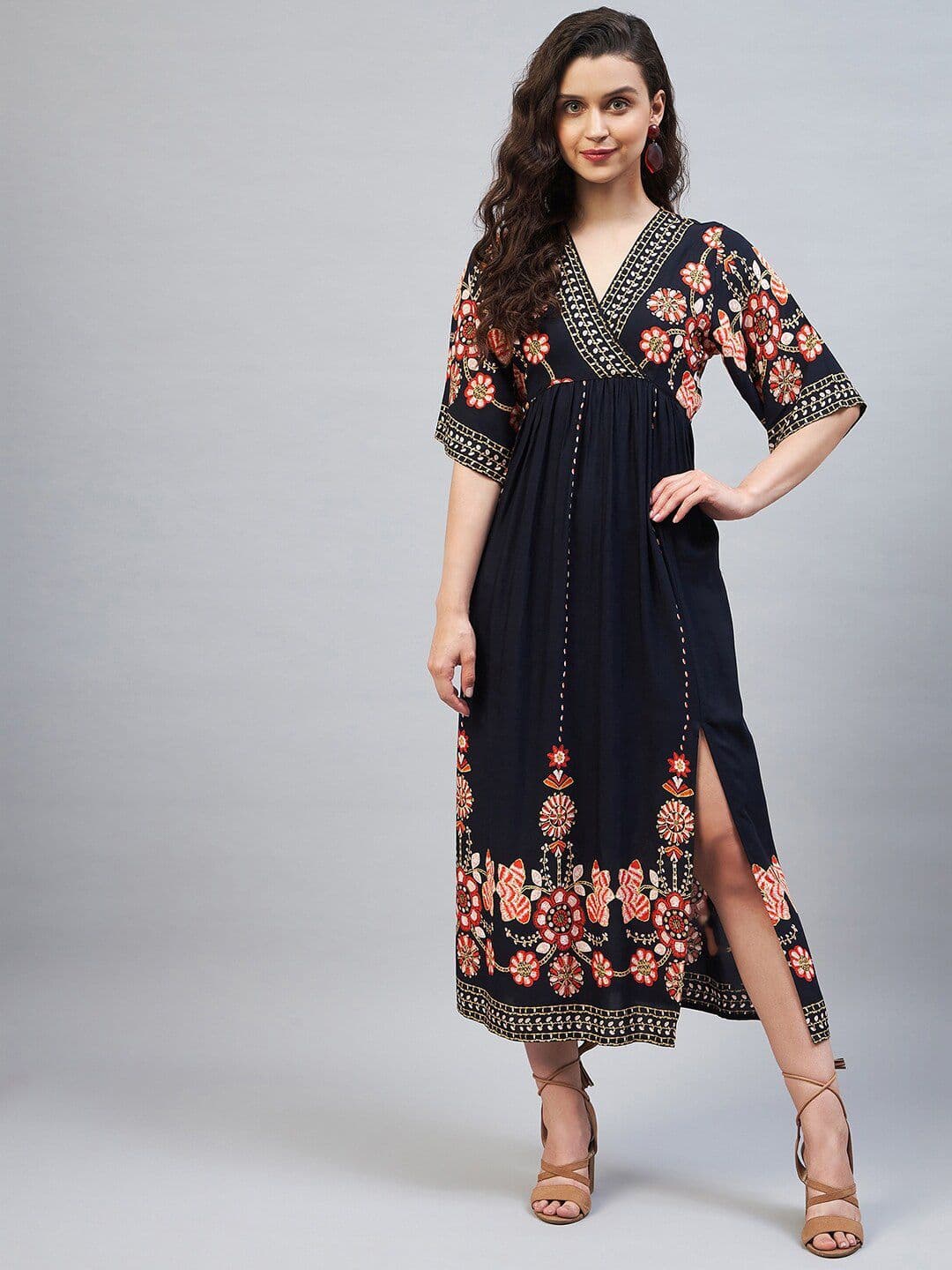 StyleStone Navy Blue Ethnic Motifs A-Line Midi Dress - view 1