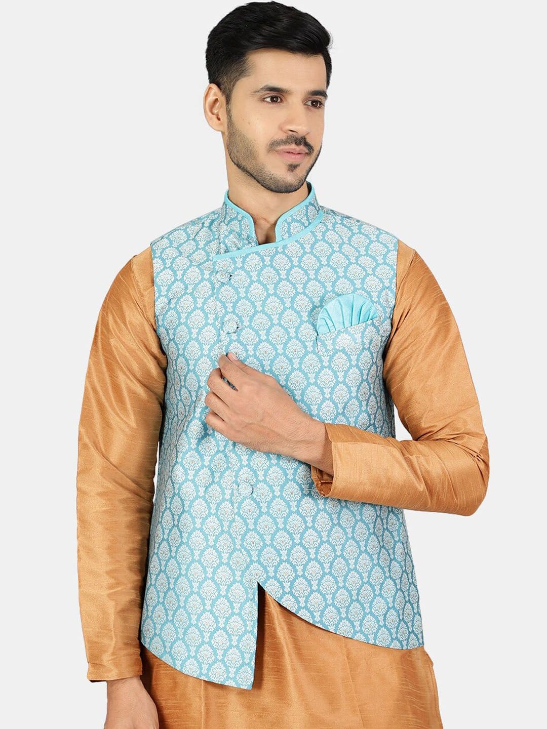 Wintage Men Blue Woven Design Nehru Jacket - view 1