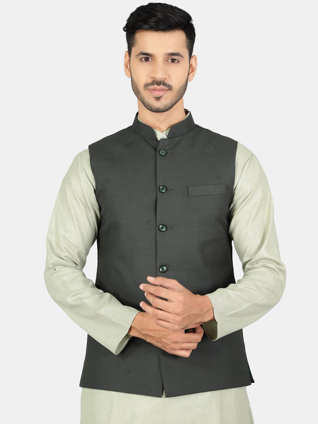 Wintage Men Green Solid Nehru Jacket - view 1