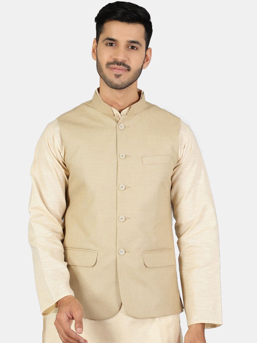 Wintage Men Gold Solid Woven Nehru Jacket - view 1