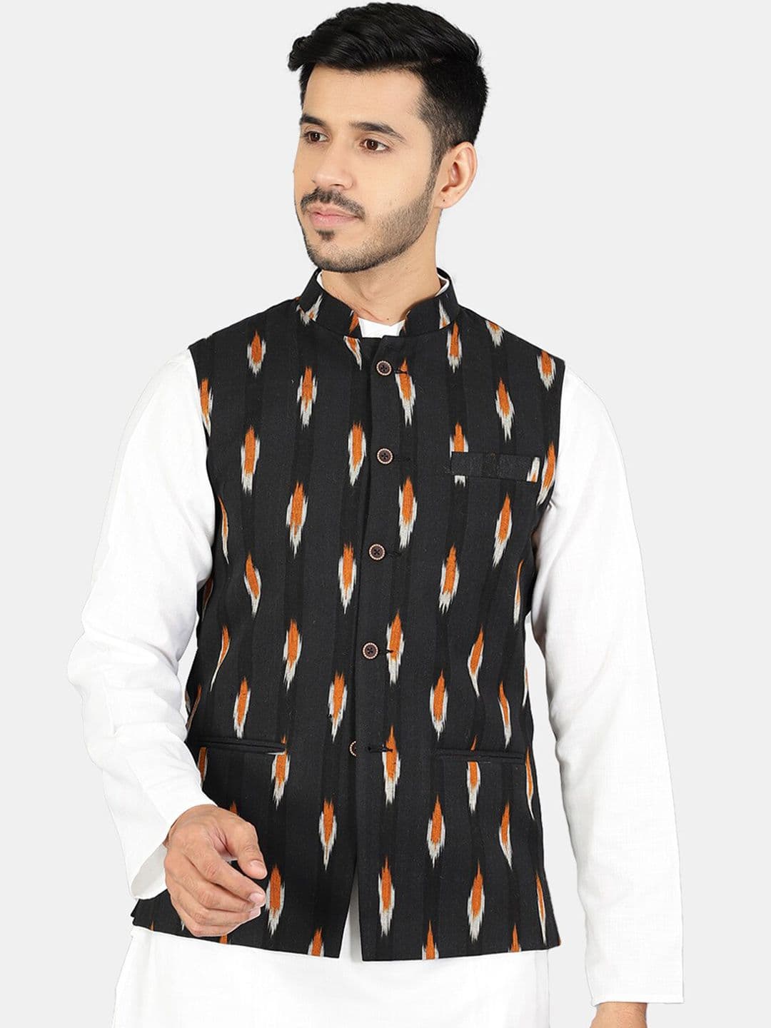 Wintage Men Black & Orange Printed Woven Pure Cotton Nehru Jacket - view 1