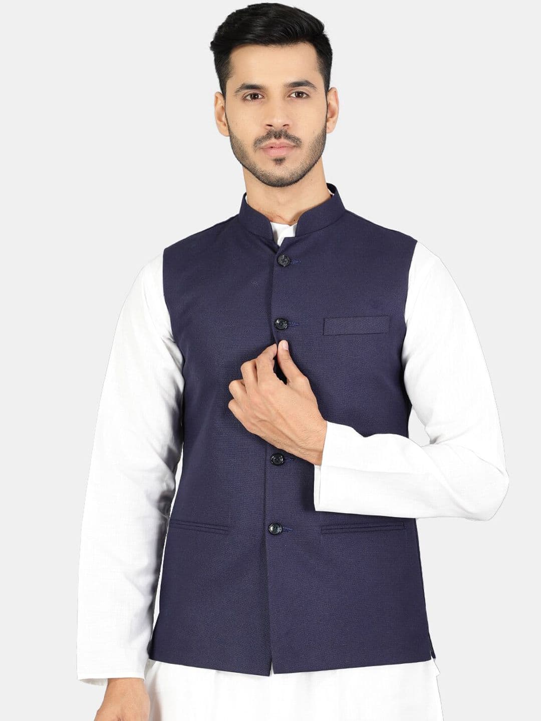 Wintage Men Blue Solid Woven Nehru Jacket - view 1