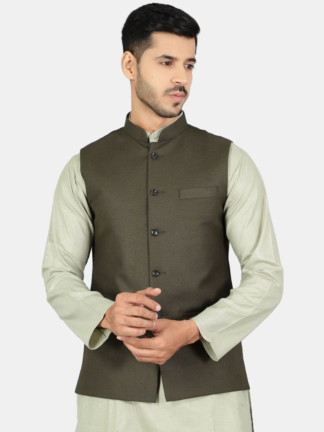 Wintage Men Olive Green Solid Woven Nehru Jackets - view 1