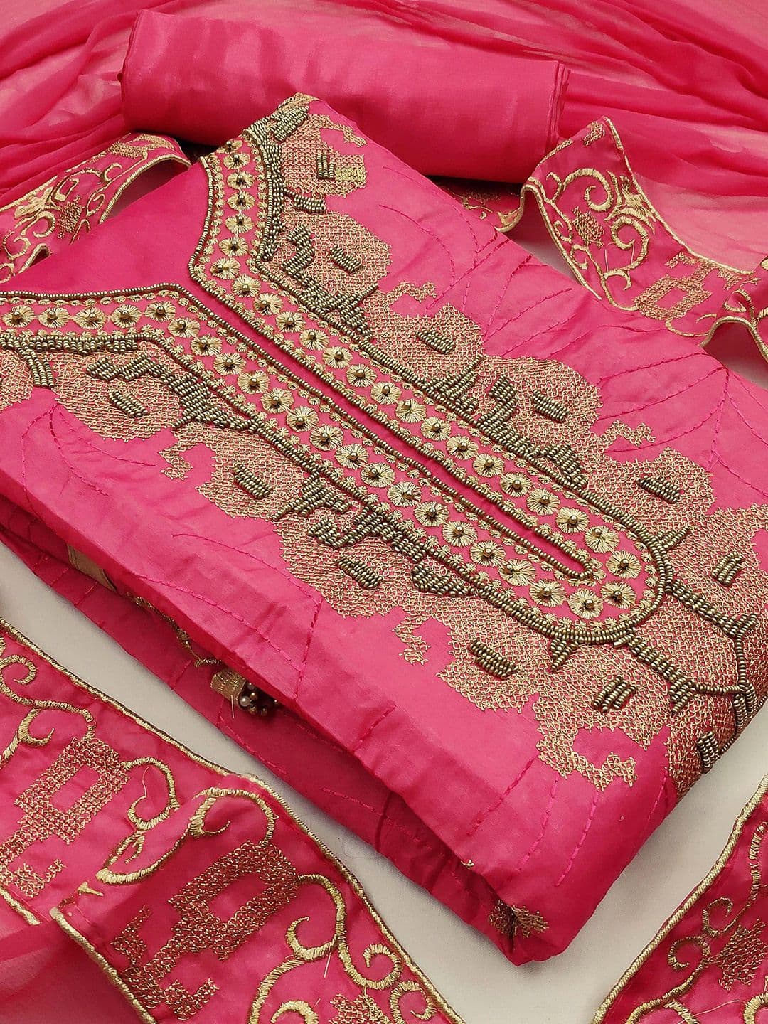 KALINI Pink & Gold-Toned Embroidered Unstitched Dress Material - view 1