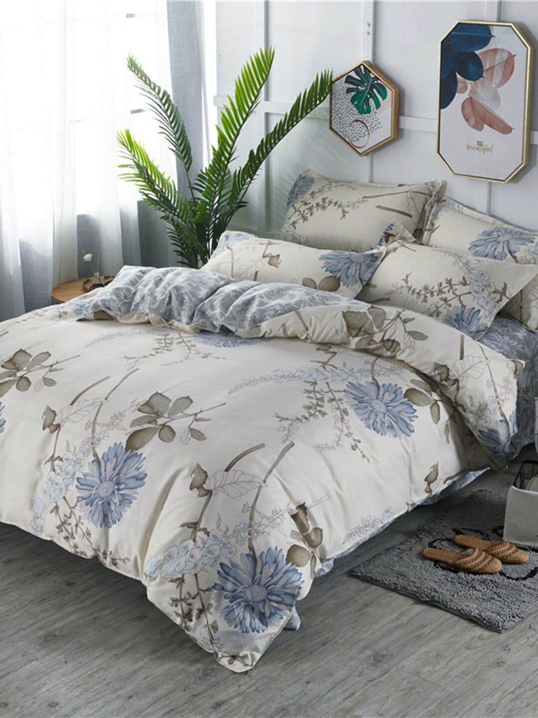 JC HOME Off White & Blue Floral Printed Double King Bedding Set - view 1