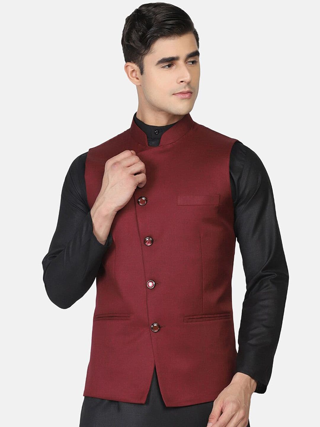 TAHVO Men Maroon Solid Nehru Jacket - view 1