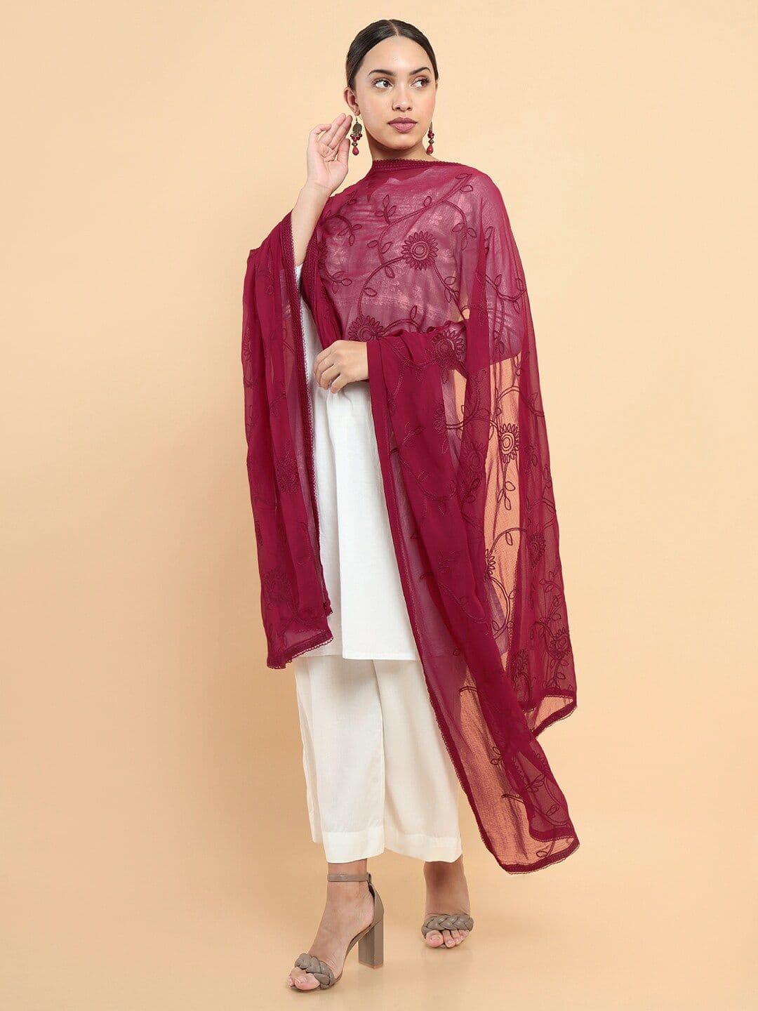 Soch Maroon Embroidered Pure Cotton Dupatta - view 1