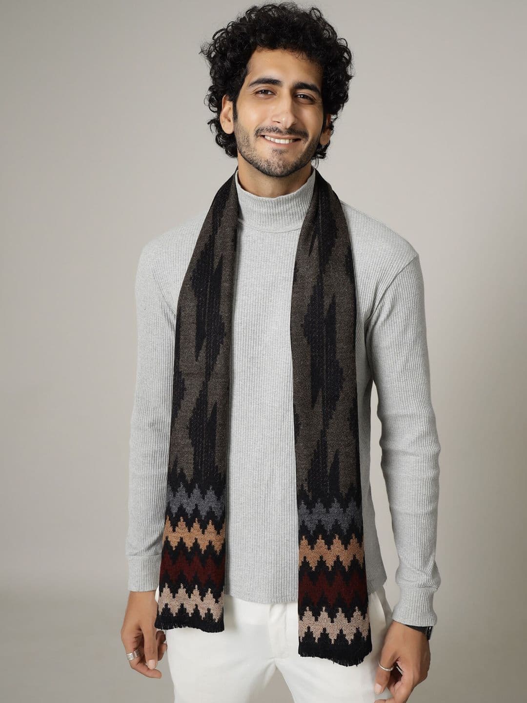 HANDICRAFT PALACE Men Black & Orange Ikat Printed Woolen Mufflers - view 1