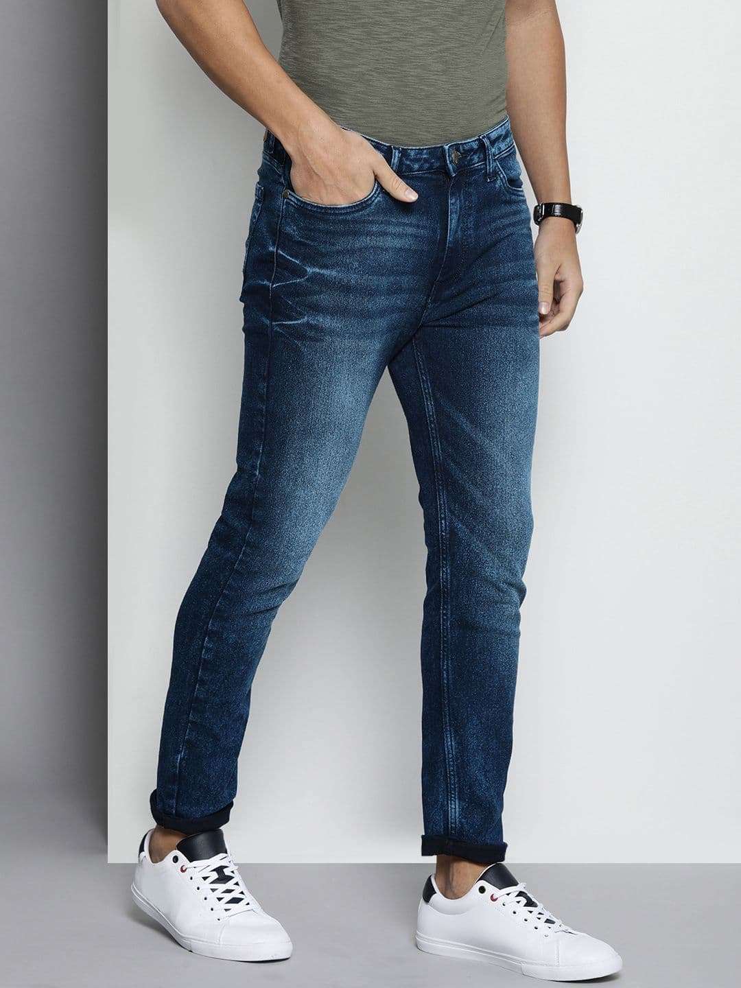 The Indian Garage Co Men Navy Blue Slim Fit Heavy Fade Stretchable Jeans - view 1