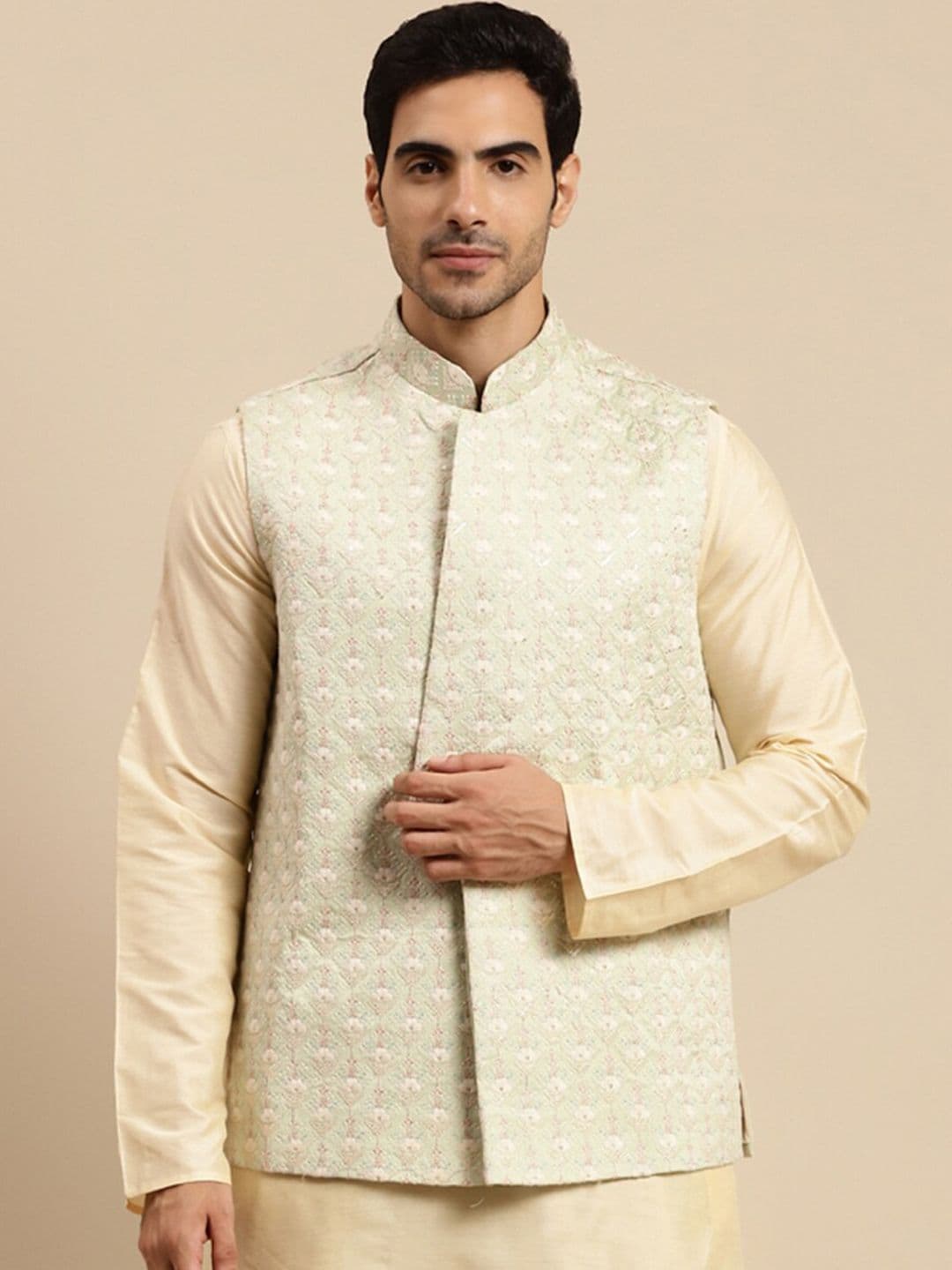 KISAH Men Light Green Embellished Nehru Jackets - view 1
